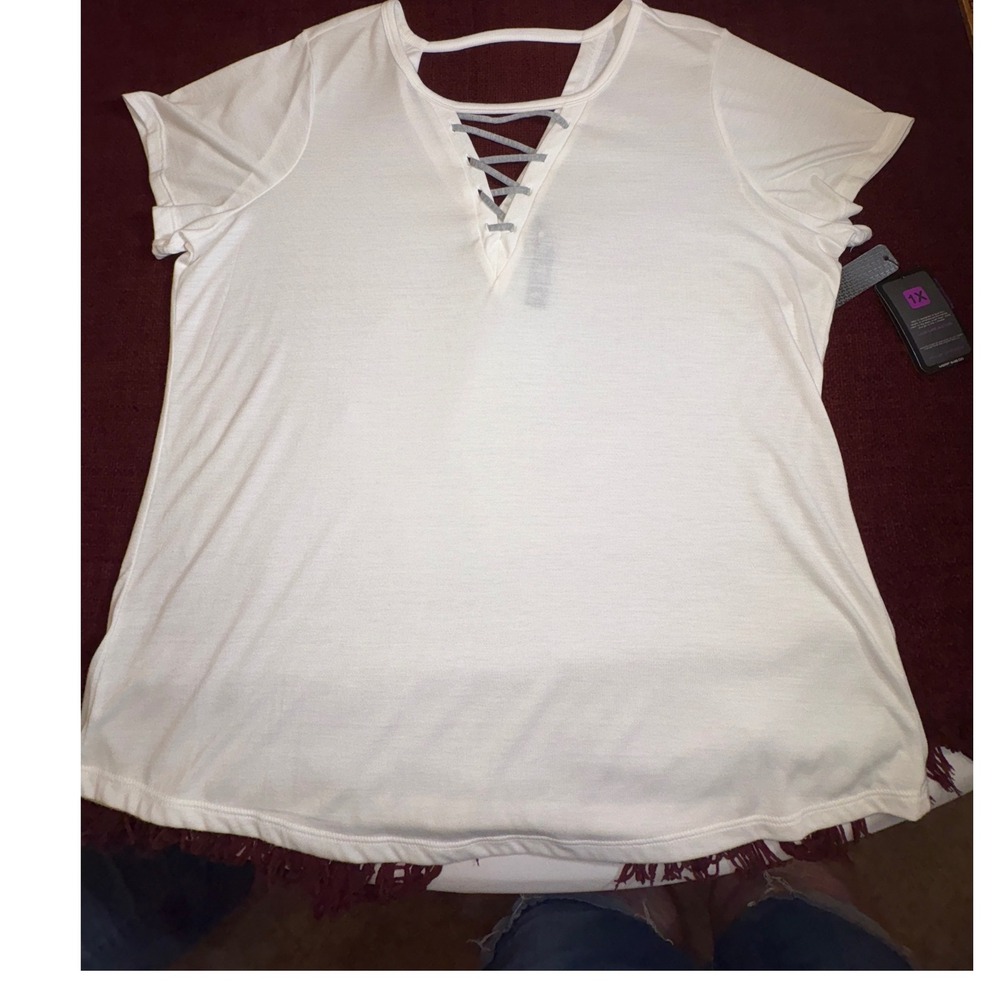 RBX Active Womens 1X White Lace Up V-Neck Short Sleeve T-Shirt CR2049XR NWT